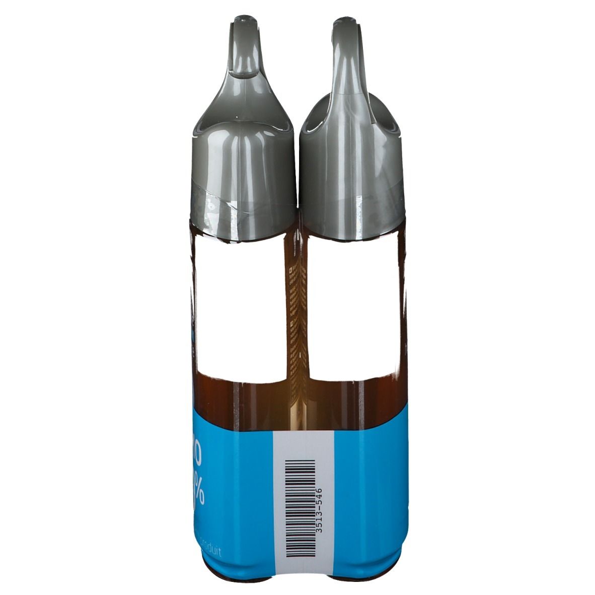 Due flaconi di olio doccia in confezione. Tappi grigi, etichette blu. Codice a barre. Aree bianche vuote.