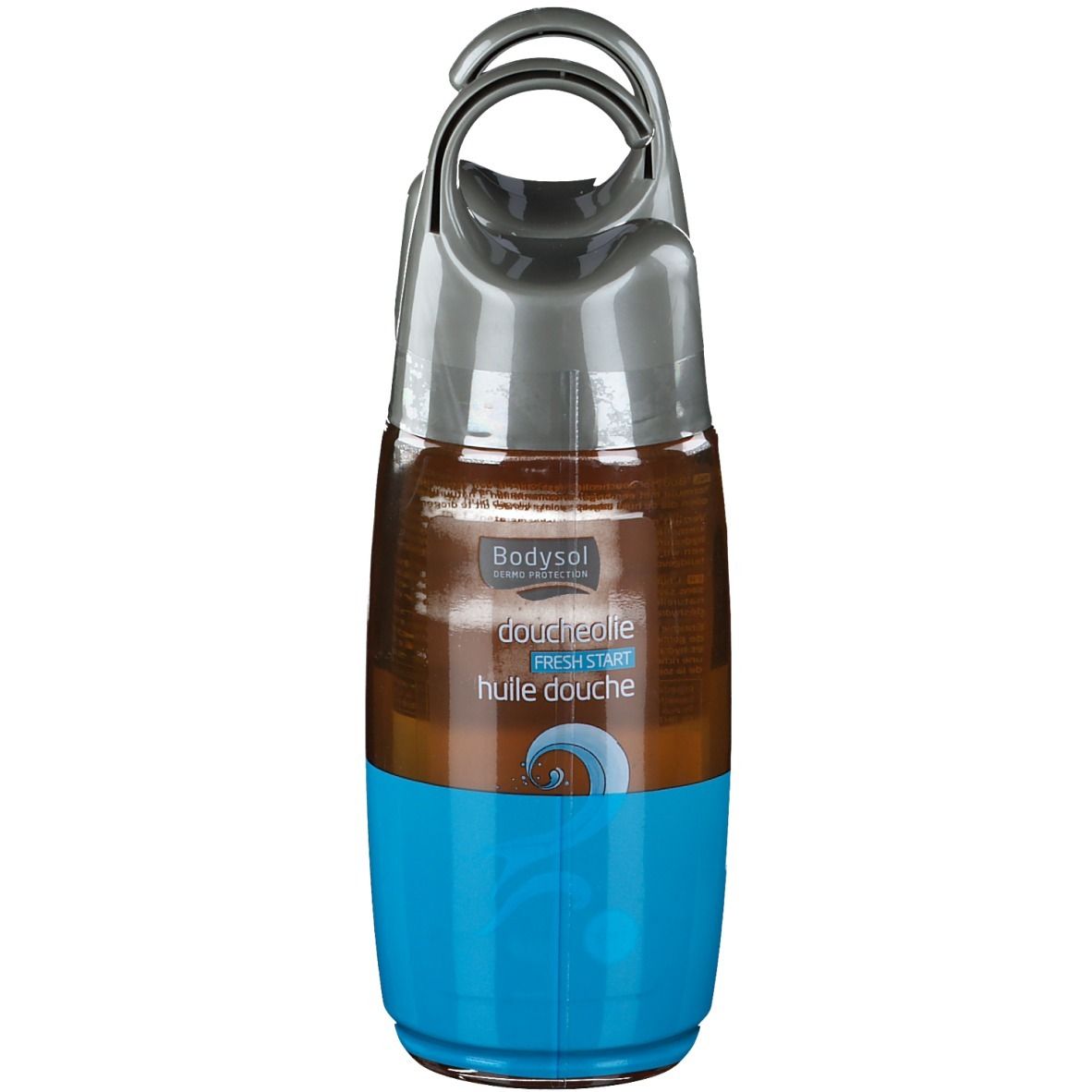 Flacone di olio doccia con tappo grigio ed etichetta blu. Testo: Bodysol, Fresh Start, huile douche.