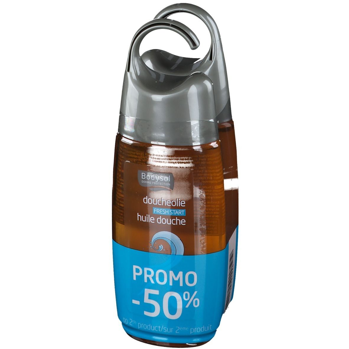 Due flaconi di olio doccia in confezione. Tappi grigi, etichette blu. Testo: Promo -50%.