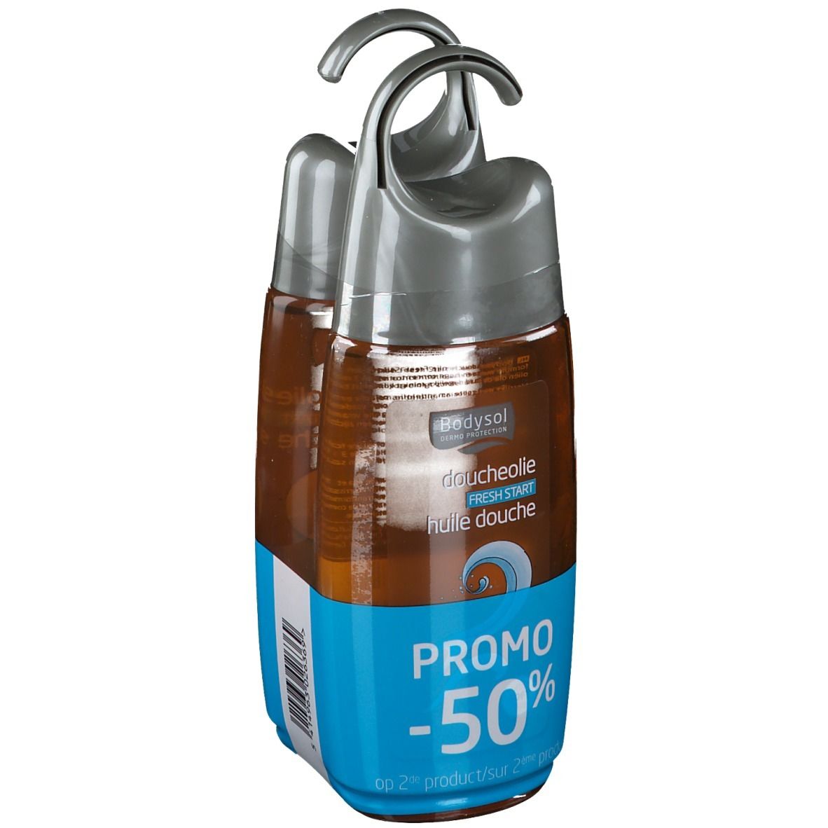 Due flaconi di olio doccia in confezione. Tappi grigi, etichette blu. Testo: Promo -50%.