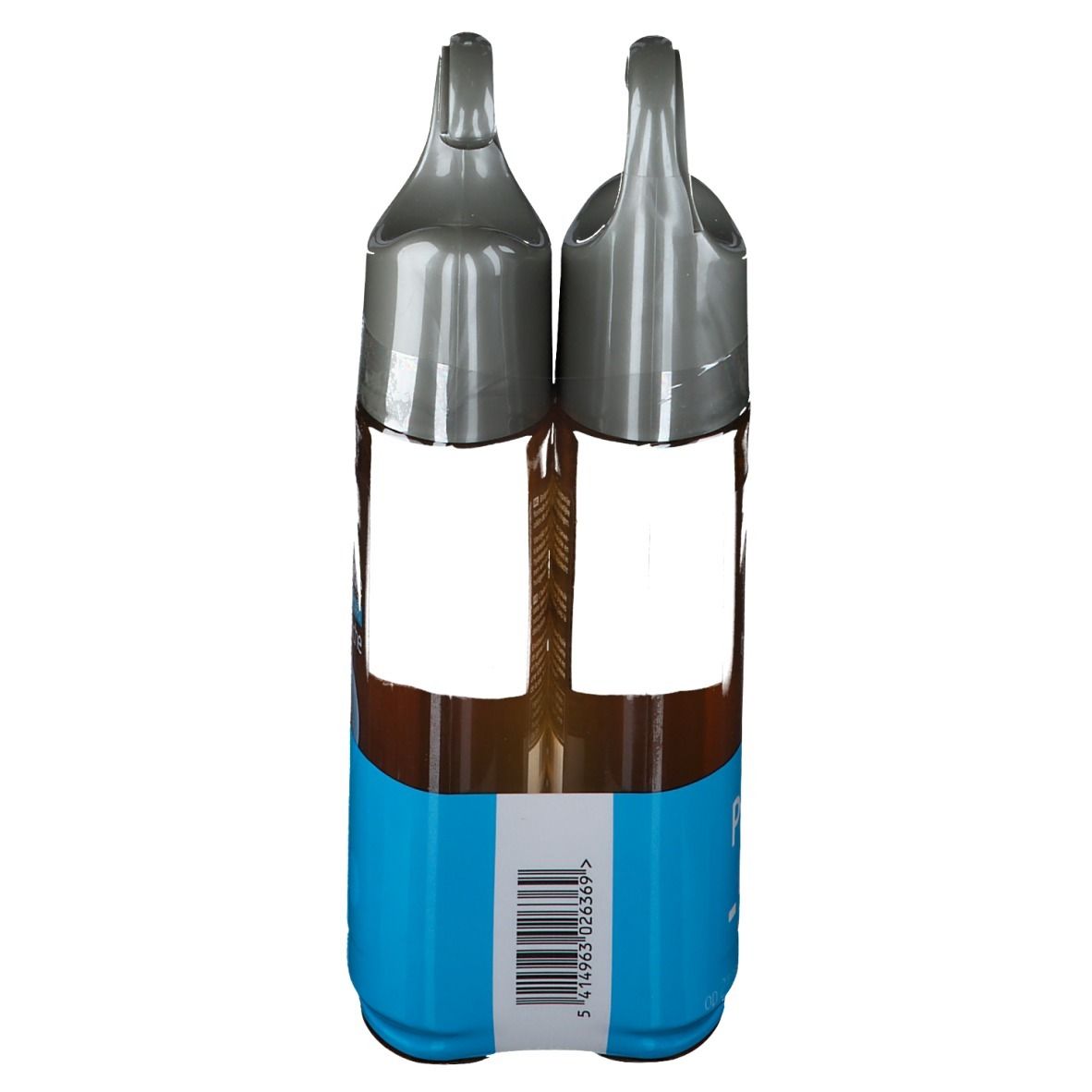 Due flaconi di olio doccia in confezione. Tappi grigi, etichette blu. Codice a barre.