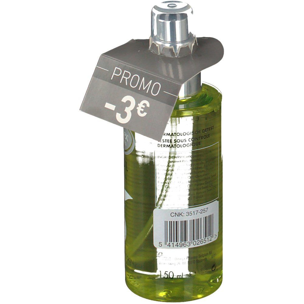 Retro del flacone di vetro verde con vaporizzatore. Etichetta con codice a barre e testo. Etichetta "-3€".