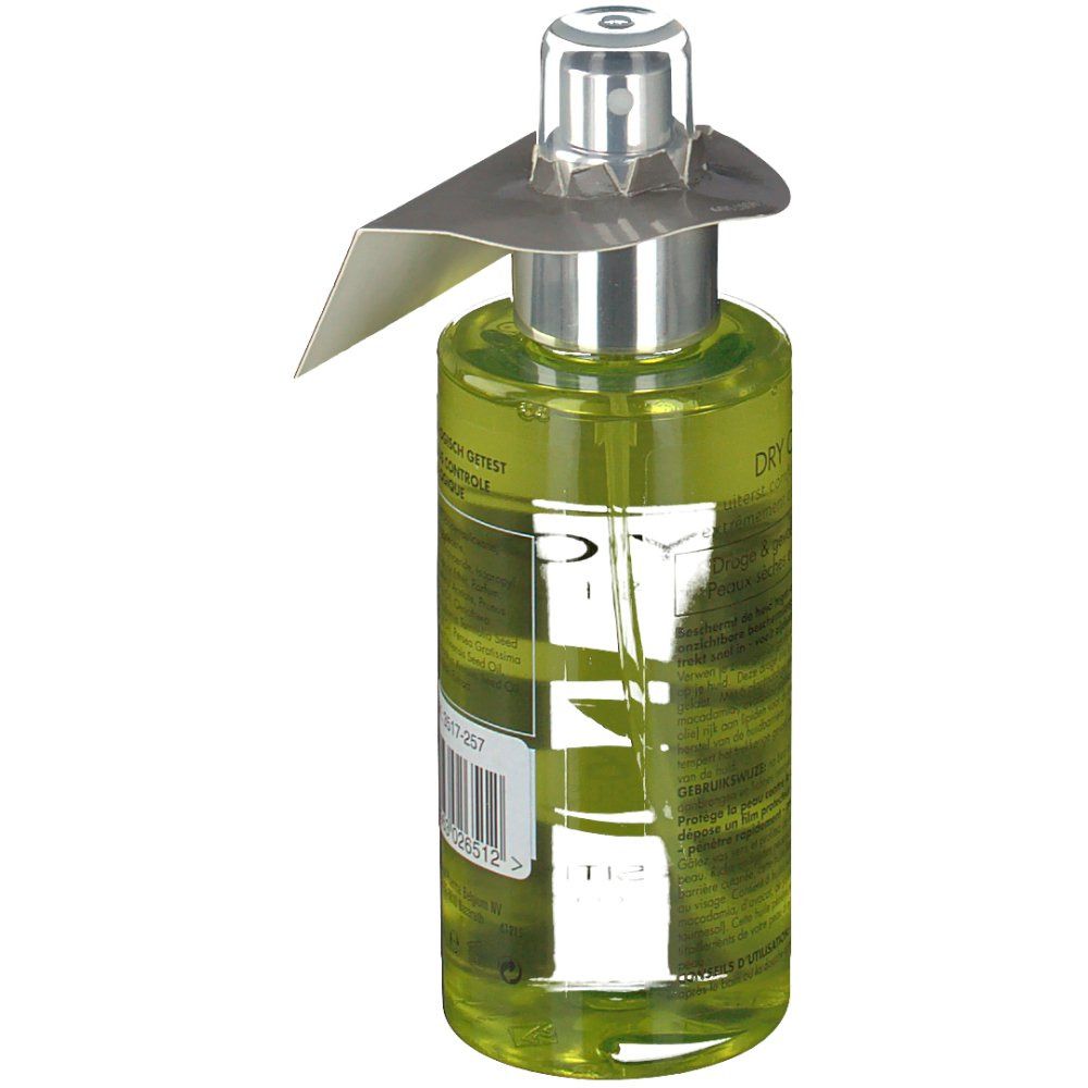 Flacone di vetro verde con vaporizzatore. Etichetta con testo e codice a barre. Etichetta "-3€".