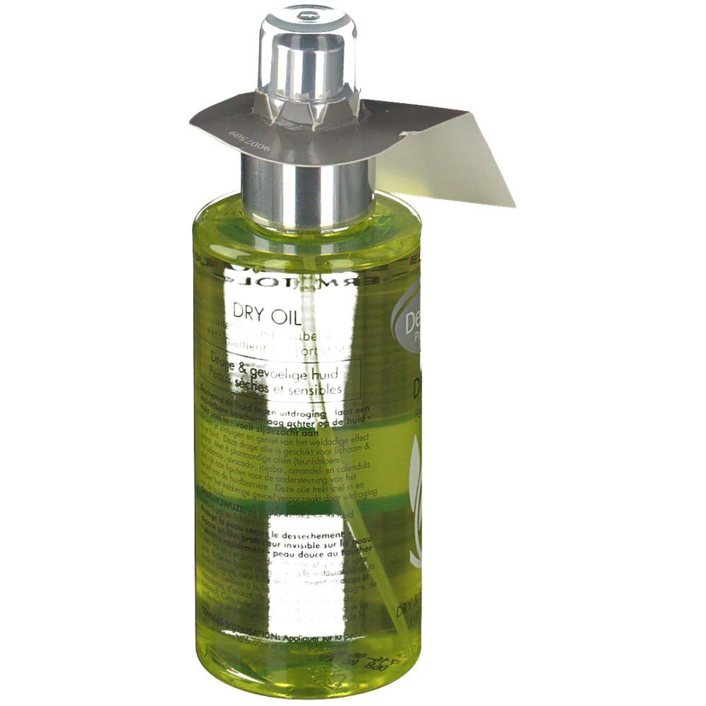 Flacone di vetro verde con vaporizzatore. Etichetta con testo. Etichetta "-3€".