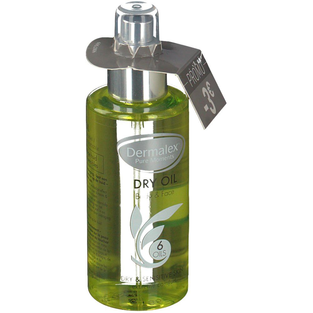 Flacone di vetro verde con vaporizzatore. Etichetta con "Dermalex Dry Oil" e "6 Oils". Etichetta "-3€".