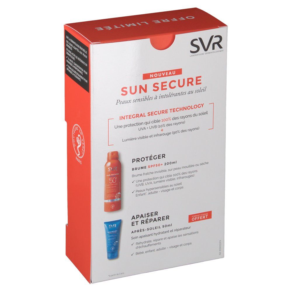Retro della confezione regalo SVR Sun Secure. Immagini dei prodotti e testo. Logo SVR.