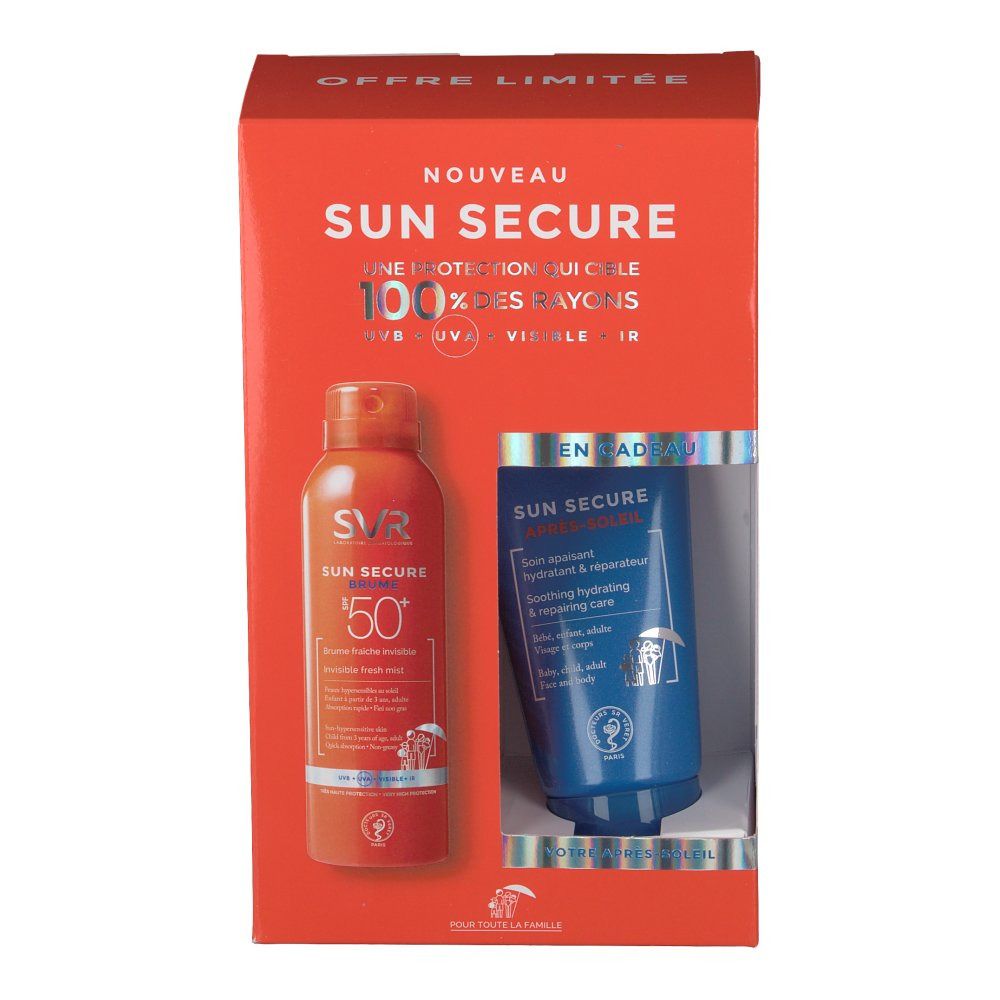 Confezione regalo SVR Sun Secure. Scatola rossa con spray solare e doposole. Logo SVR visibile.