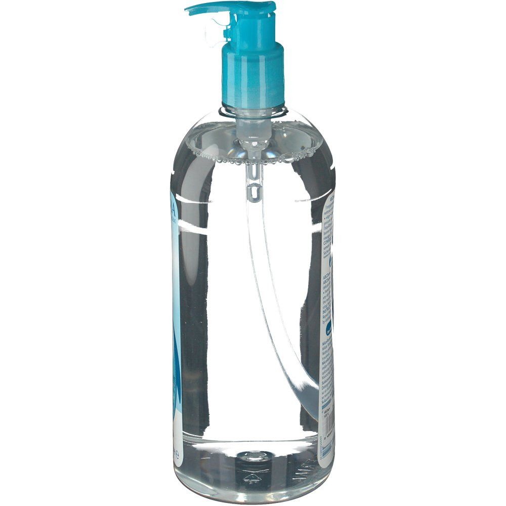 Liquido trasparente in flacone con tappo a pompa blu. Vista laterale, mostra la forma del flacone e il meccanismo della pompa.