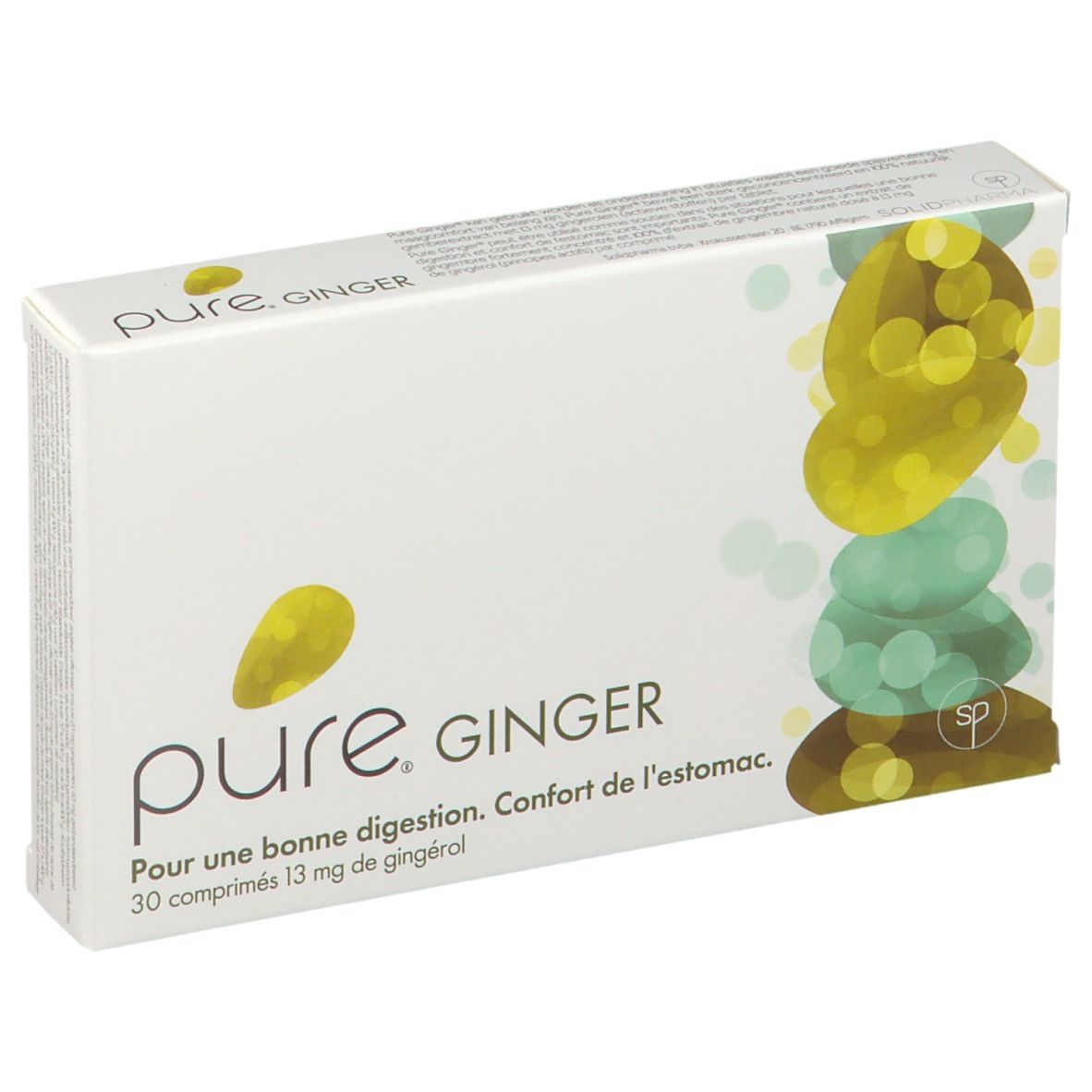 Scatola bianca "pure. GINGER". 30 compresse, 13 mg di gingerolo. Illustrazione di forme gialle e verdi. Testo per una buona digestione.