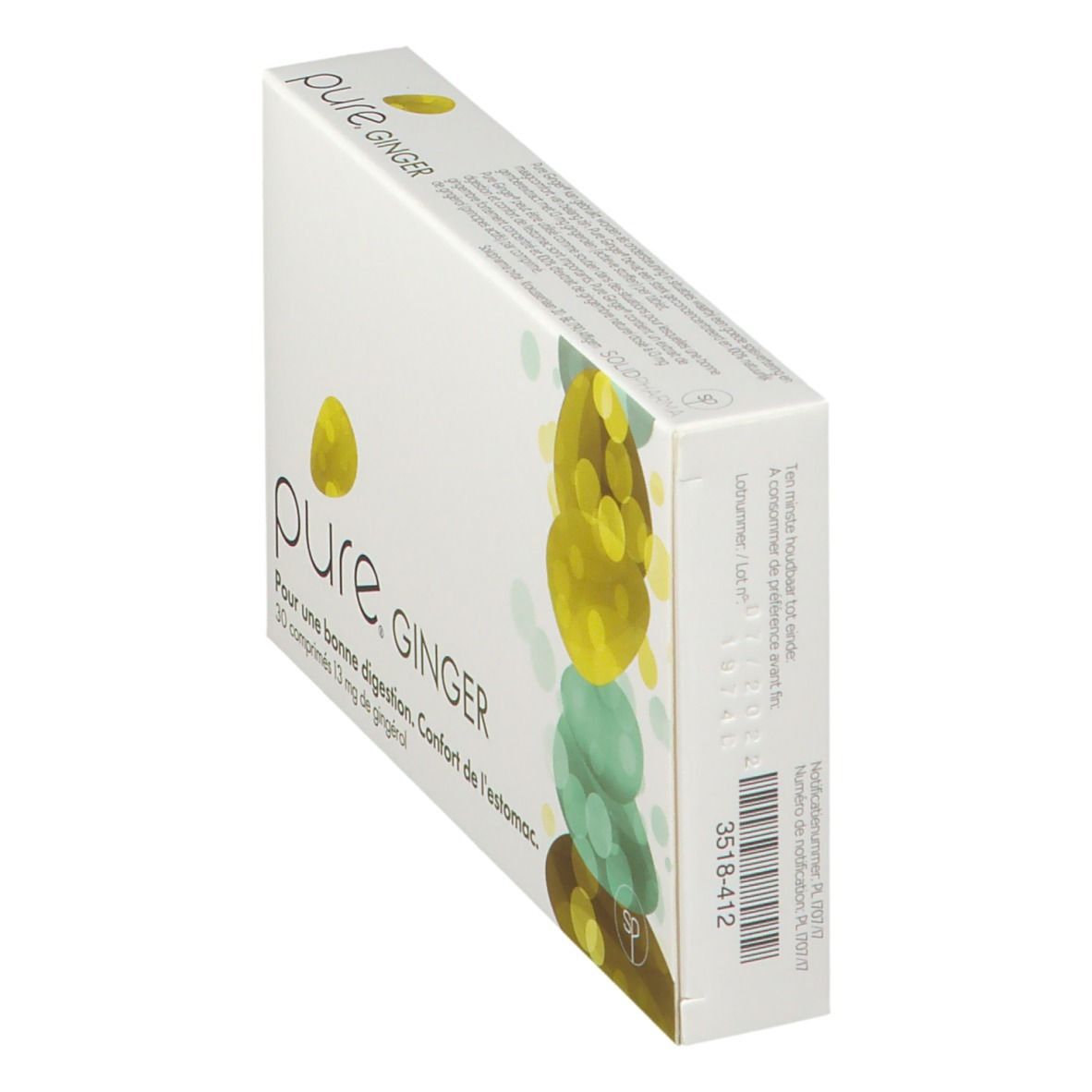Scatola bianca "pure. GINGER" con testo e illustrazione giallo-verde. 30 compresse, 13 mg di gingerolo. Vista laterale con codice a barre.