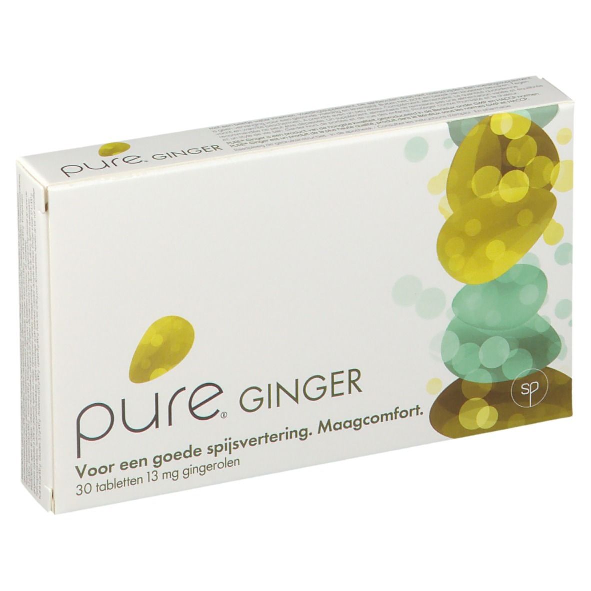 Scatola bianca "pure. GINGER" con testo e illustrazione giallo-verde. 30 compresse, 13 mg di gingerolo. Vista prospettica.
