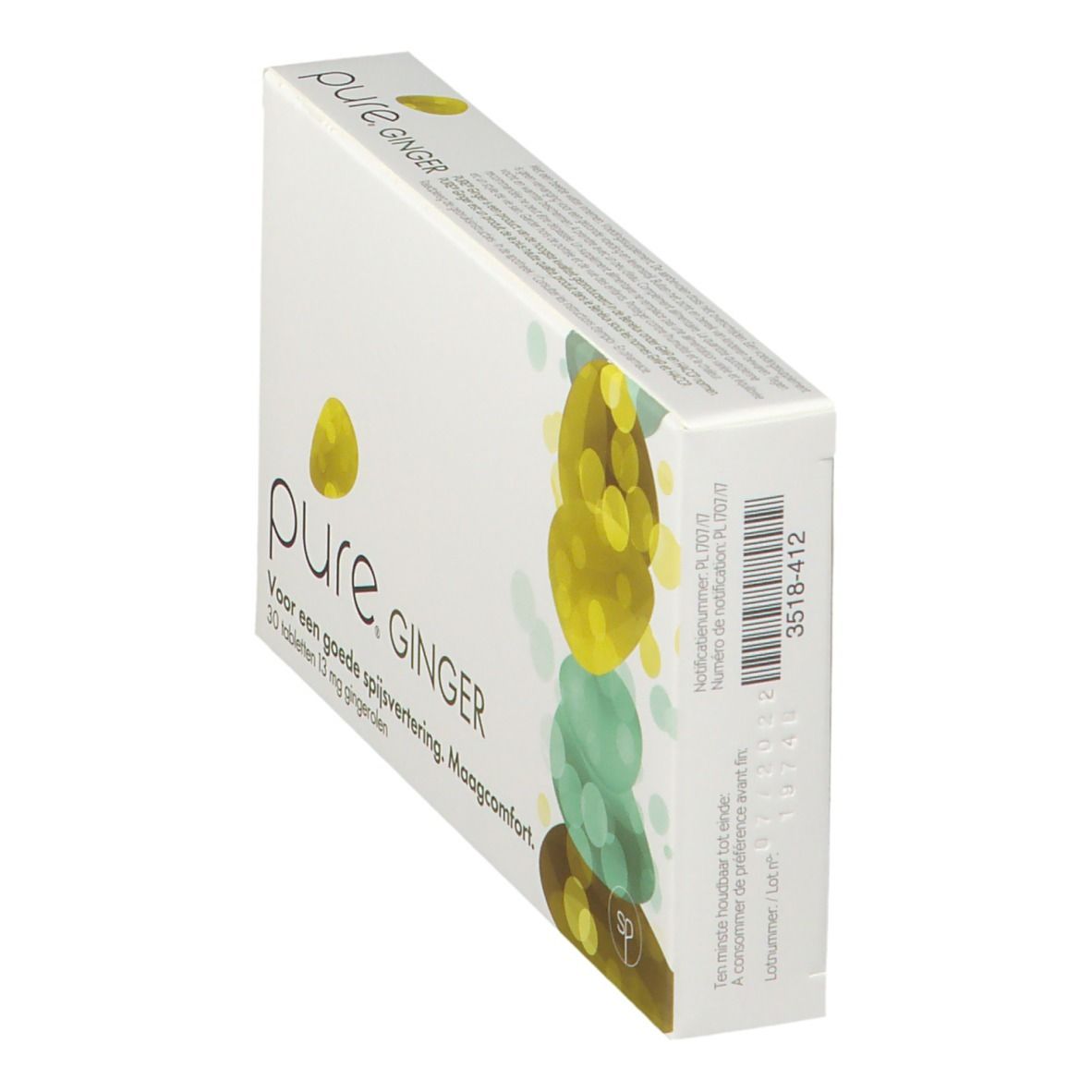 Scatola bianca "pure. GINGER" con testo e illustrazione giallo-verde. 30 compresse, 13 mg di gingerolo. Vista prospettica.