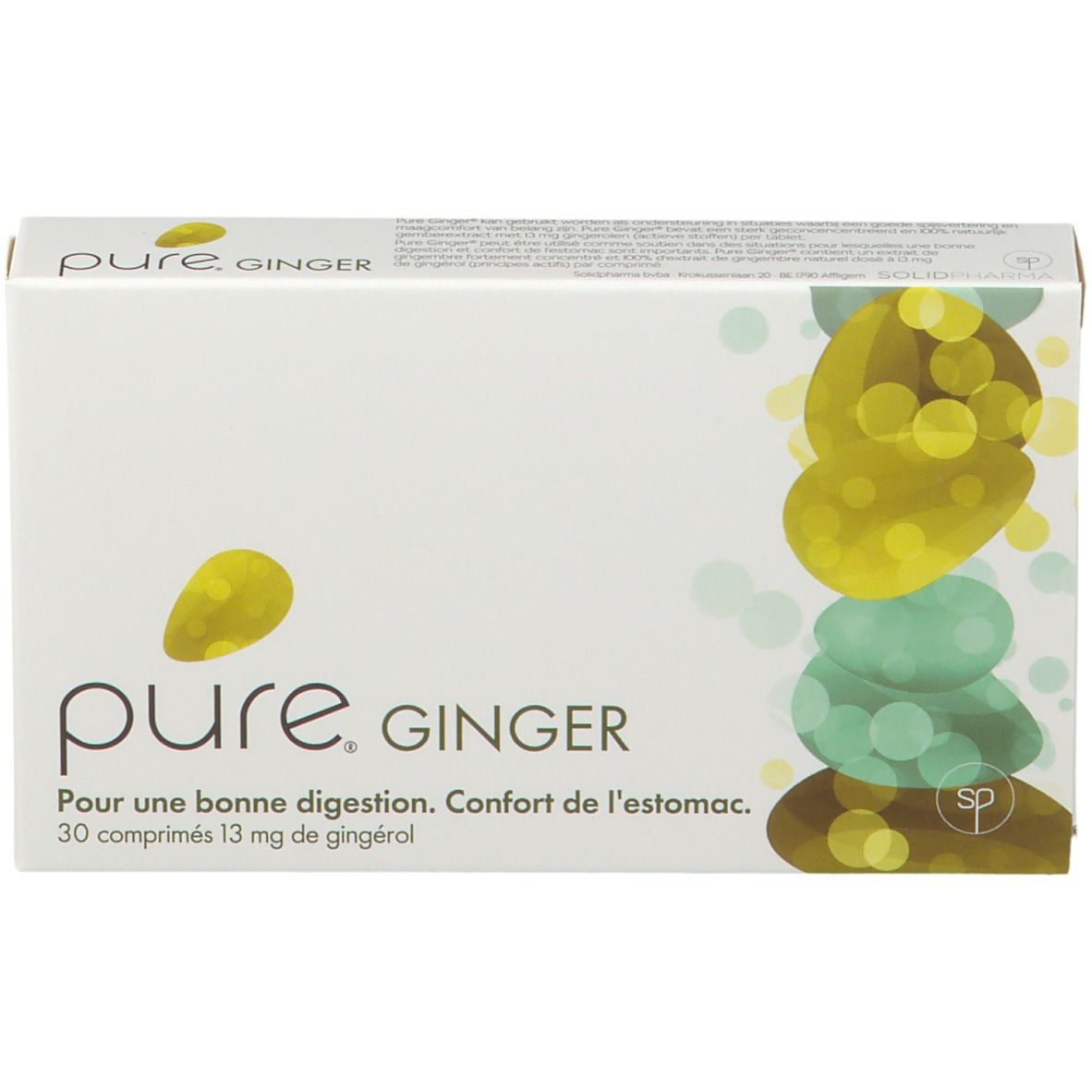 Scatola bianca "pure. GINGER" con testo e illustrazione giallo-verde. 30 compresse, 13 mg di gingerolo. Vista dall'alto.