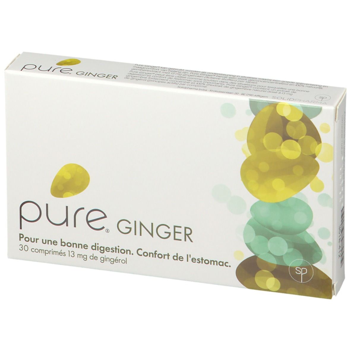 Scatola bianca "pure. GINGER" con testo e illustrazione giallo-verde. 30 compresse, 13 mg di gingerolo. Vista prospettica.