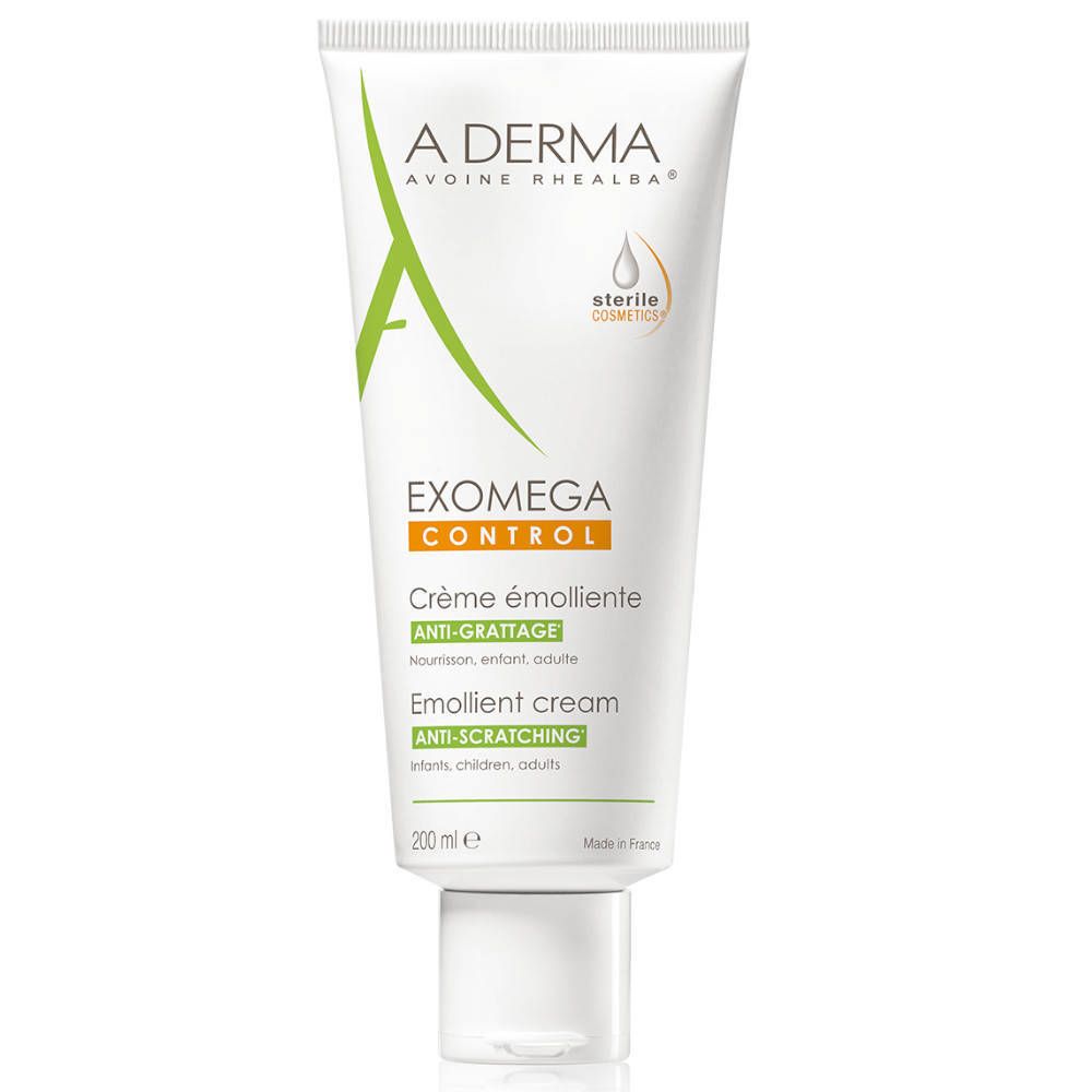 Tubo di crema A-Derma EXOMEGA Control. Tubo bianco con logo verde e nome del prodotto. 200 ml.