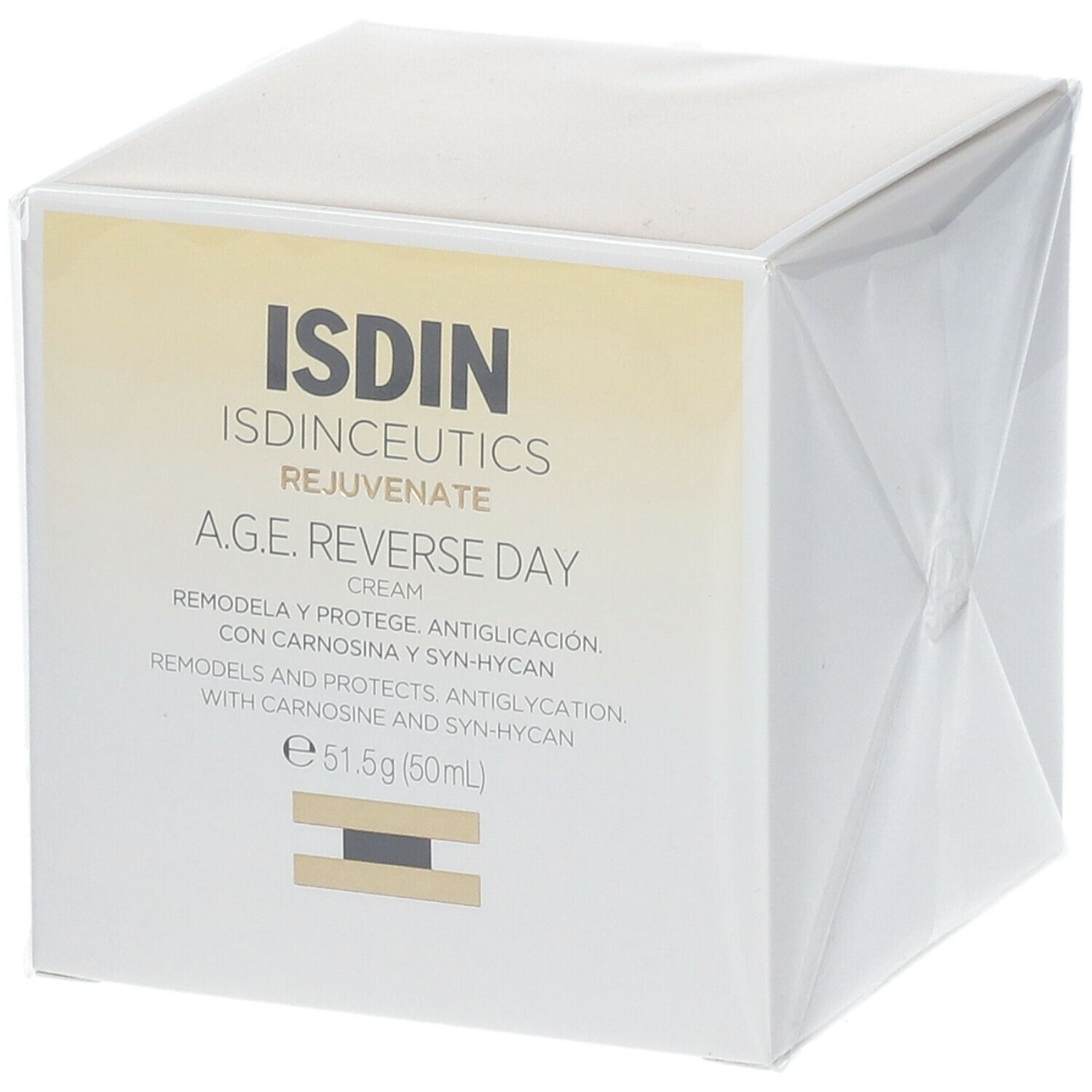 Scatola bianca con informazioni sul prodotto. Scritto: ISDIN, A.G.E. Reverse Day Cream. Contenuto: 51,5g (60ml).