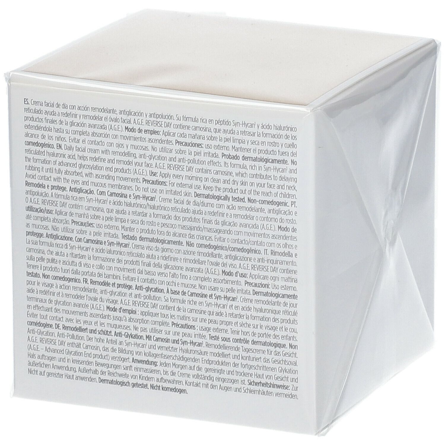 Retro di una scatola bianca con testo. Scritto: ISDIN, A.G.E. Reverse Day Cream. Contenuto: 51,5g (60ml).