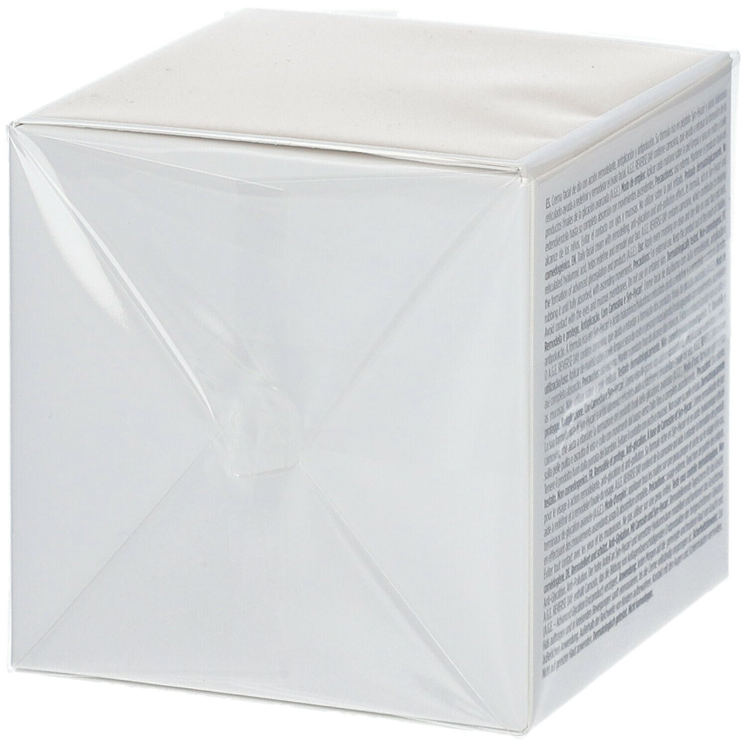 Retro di una scatola bianca, confezionata in pellicola. Testo. Scritto: ISDIN, A.G.E. Reverse Day Cream. Contenuto: 51,5g (60ml).