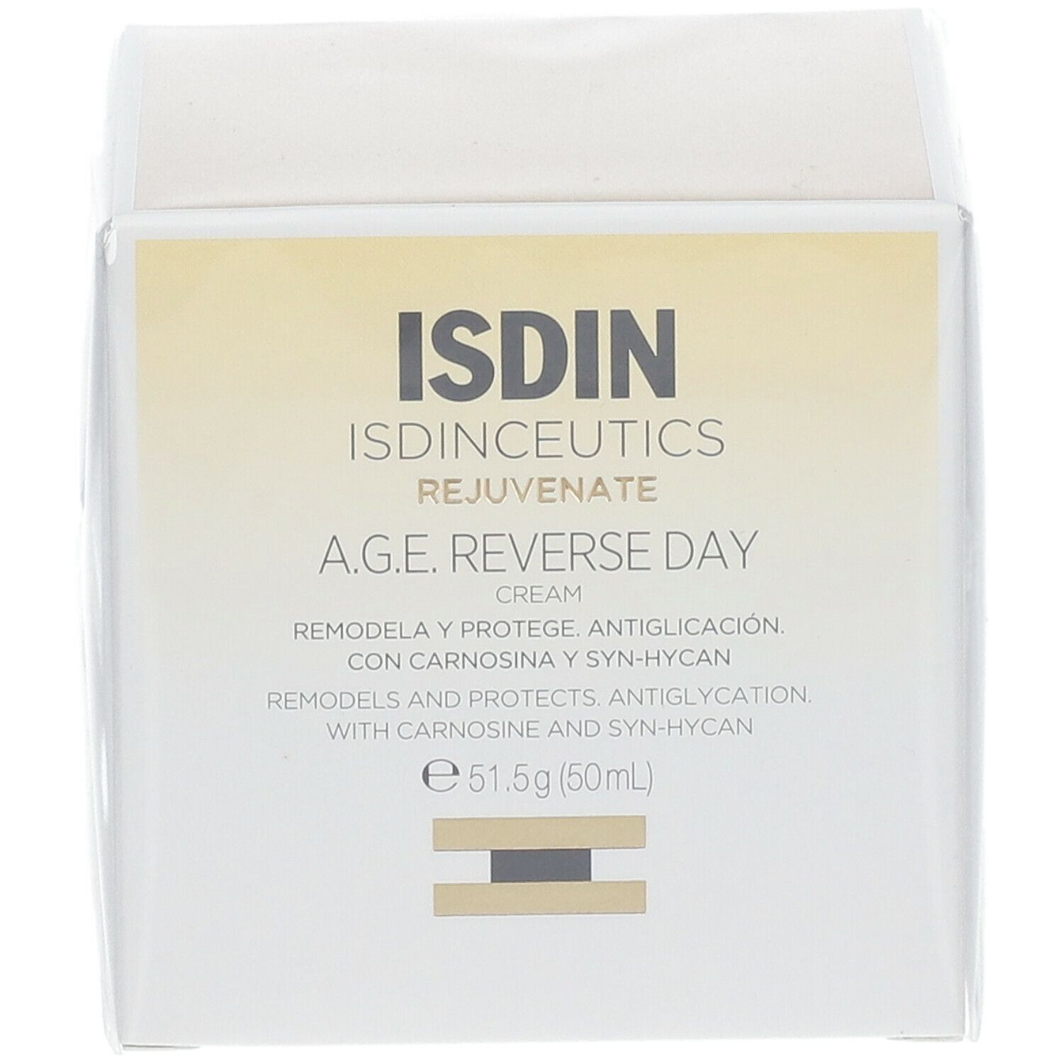 Vasetto bianco con coperchio dorato. Scritto: ISDIN, A.G.E. Reverse Day Cream. Contenuto: 51,5g (50ml).