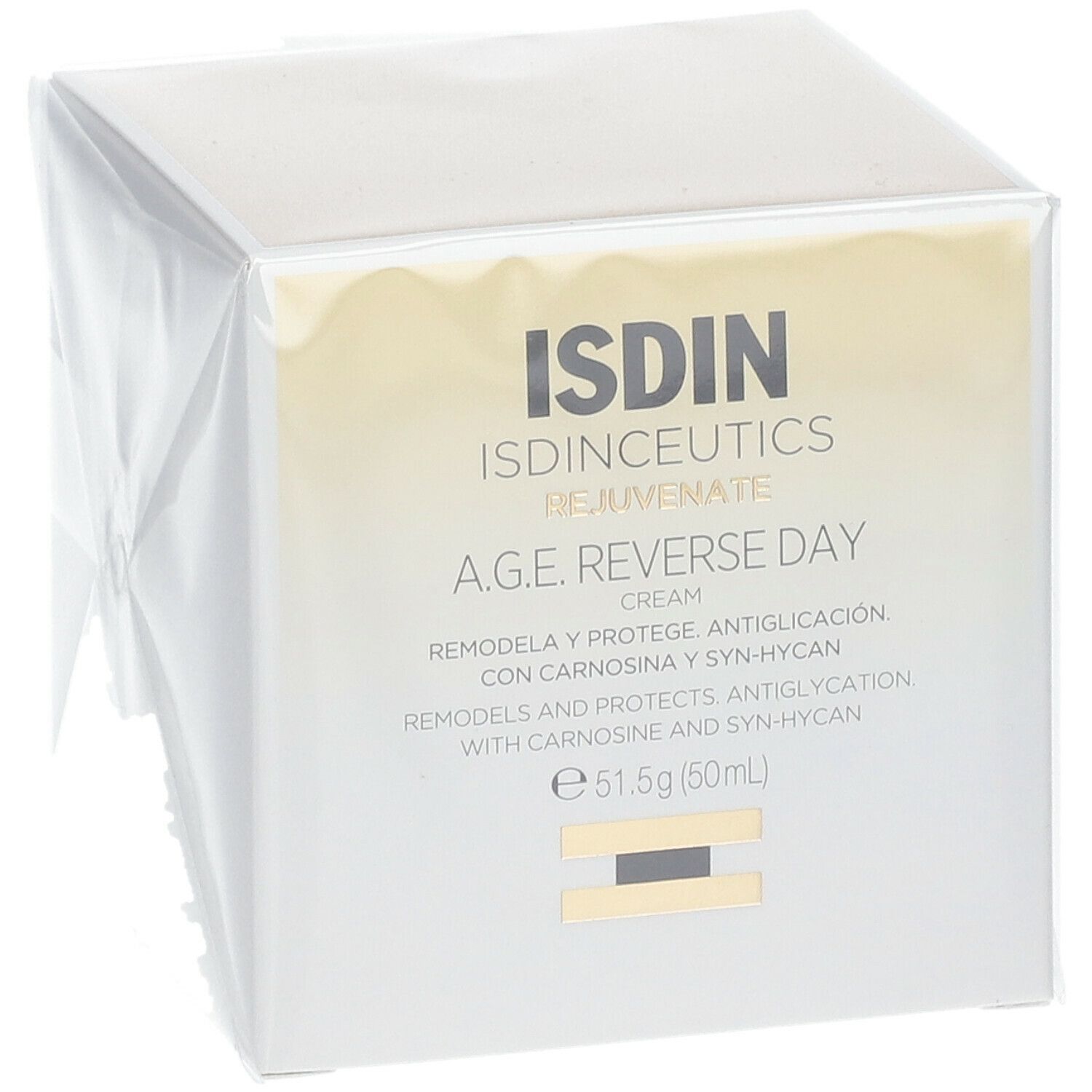 Vasetto bianco con coperchio dorato, confezionato in pellicola. Scritto: ISDIN, A.G.E. Reverse Day Cream. Contenuto: 51,5g (50ml).