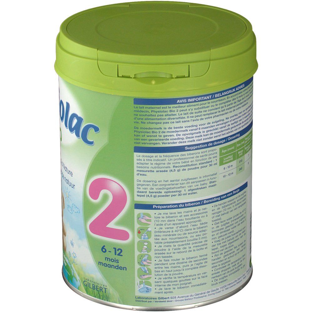 Retro della lattina di latte in polvere Physiolac Bio 2. Testo multilingue. Istruzioni per la preparazione. Lattina con coperchio verde.