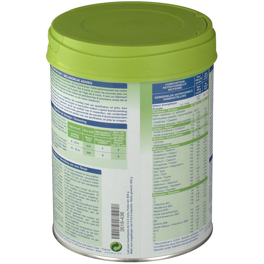 Retro della lattina di latte in polvere Physiolac Bio 2. Tabella nutrizionale e altre informazioni. Lattina con coperchio verde.
