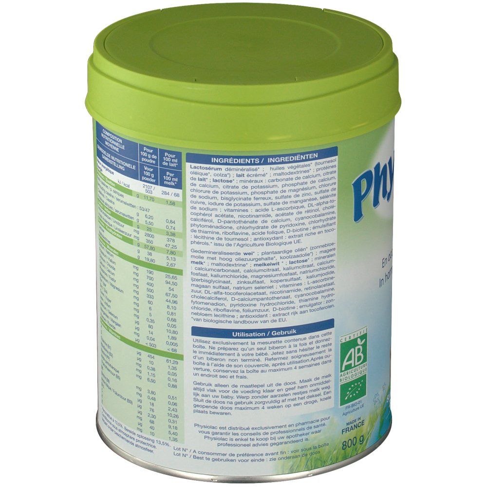 Retro della lattina di latte in polvere Physiolac Bio 2. Elenco degli ingredienti e altre informazioni. Lattina con coperchio verde.