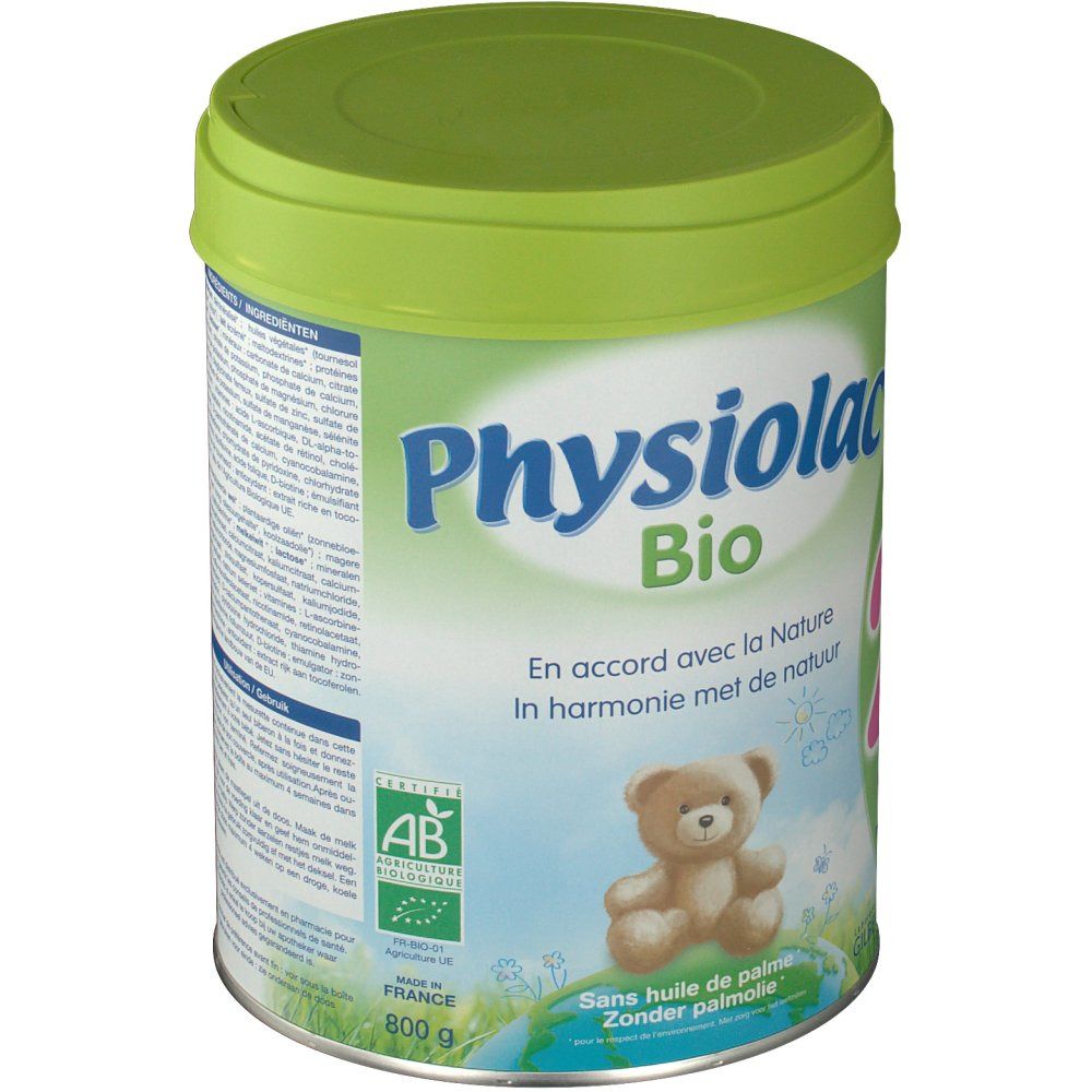 Lattina di latte in polvere Physiolac Bio 2. Lattina verde e bianca con coperchio. Scritta: Physiolac Bio, 2, 6-12 mesi. Sigillo AB Bio.
