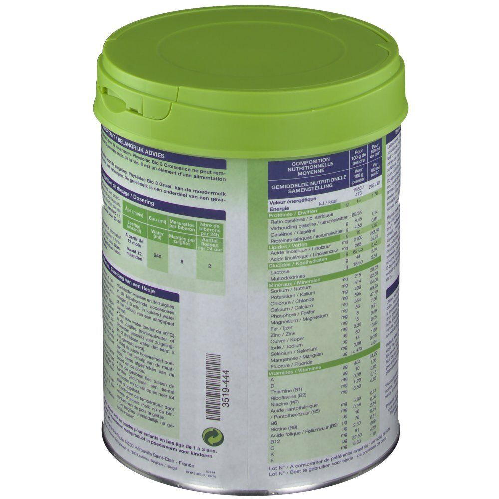 Retro della lattina Physiolac Bio 3. Contiene informazioni nutrizionali e ingredienti. Coperchio verde.