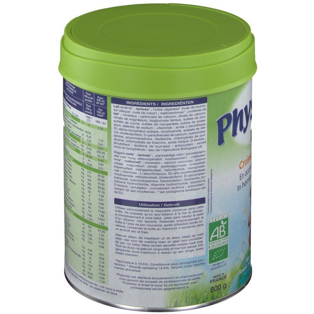 Retro della lattina Physiolac Bio 3. Contiene ingredienti e istruzioni per l'uso. Coperchio verde.