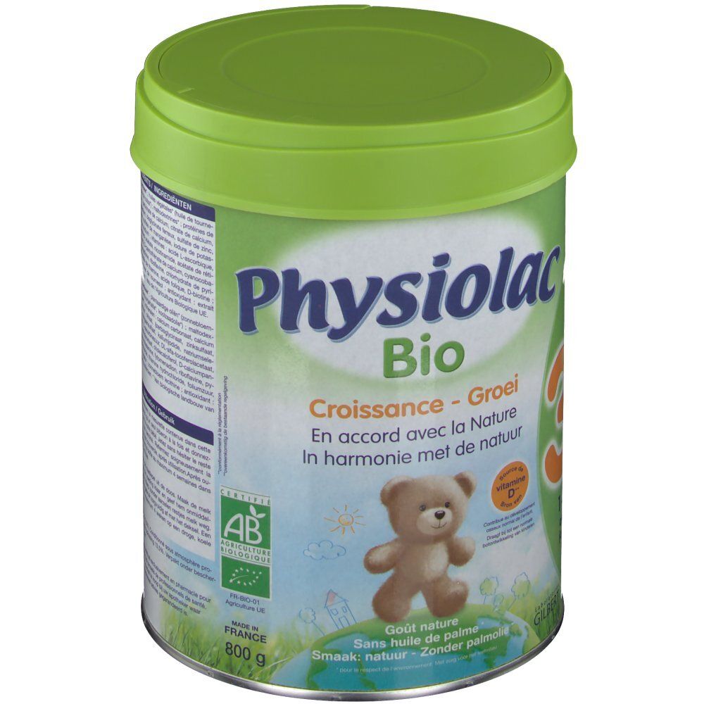 Lattina Physiolac Bio 3, verde e bianca. Scritta: Bio, Croissance - Groei. Sigillo AB. Illustrazione orsetto.