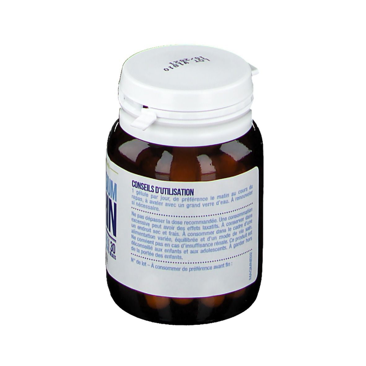 Flacone marrone, tappo bianco. Testo sul retro. Capsule visibili. Marca: Nutrisanté.