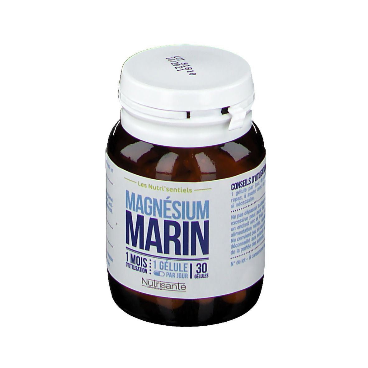 Flacone marrone, tappo bianco. Scritta: MAGNÉSIUM MARIN, 1 mese, 1 capsula al giorno. Marca: Nutrisanté.