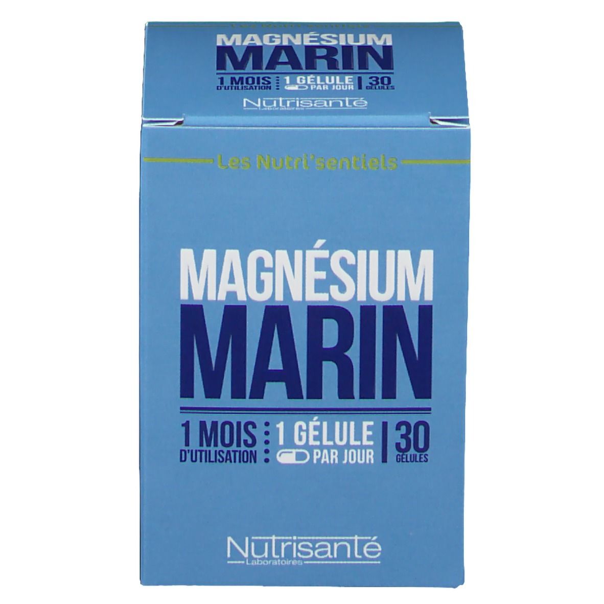 Confezione del prodotto blu. Scritta: MAGNÉSIUM MARIN, 1 mese, 1 capsula al giorno. Marca: Nutrisanté.