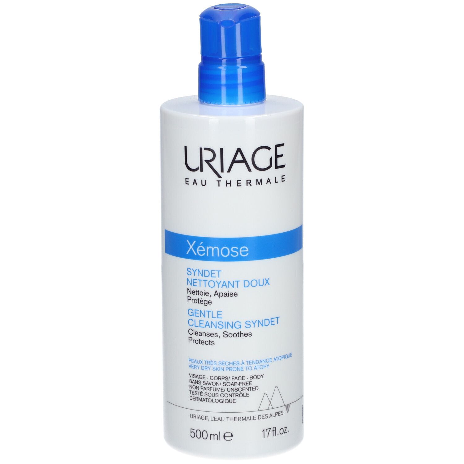 Flacone bianco con erogatore blu. Uriage, Xémose Syndet, 500ml. Testo frontale.