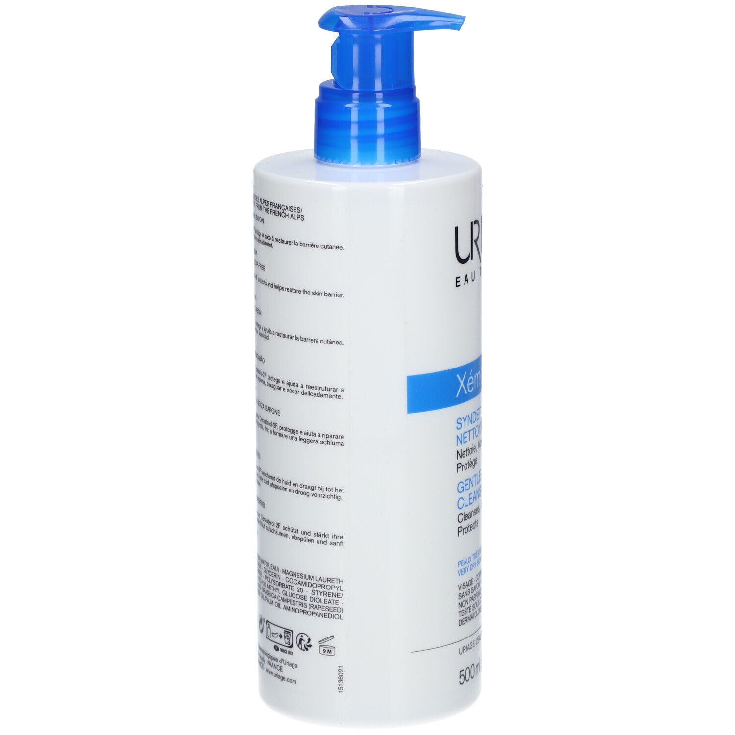 Flacone bianco con erogatore blu. Uriage, Xémose Syndet, 500ml. Testo sul retro.