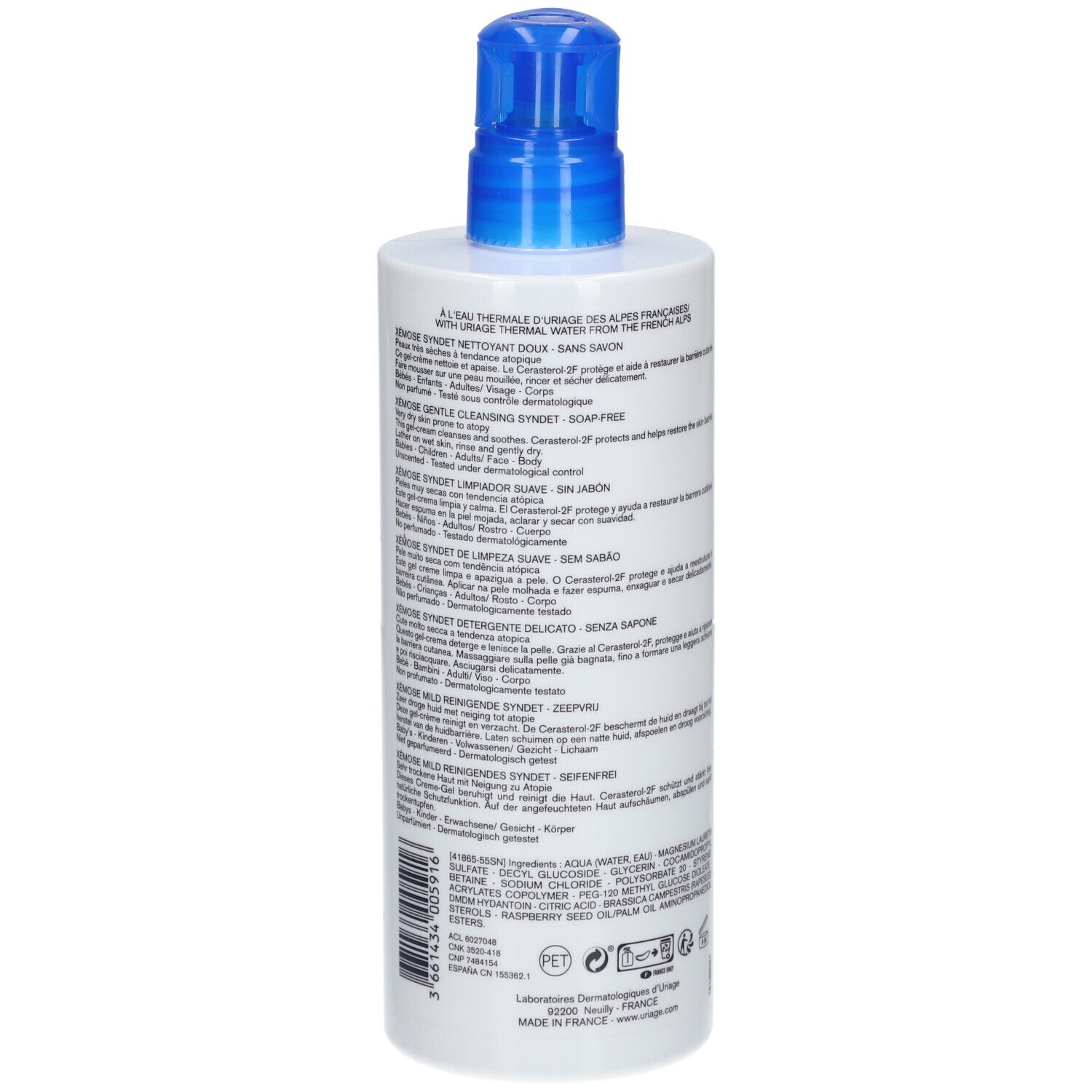 Retro del flacone. Testo multilingue. Uriage, Xémose Syndet, 500ml.