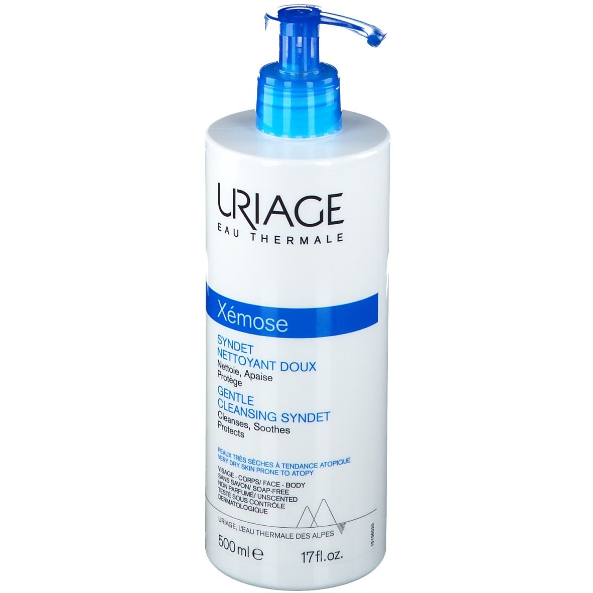 Flacone bianco con erogatore blu. Uriage, Xémose Syndet, 500ml. Vista frontale.
