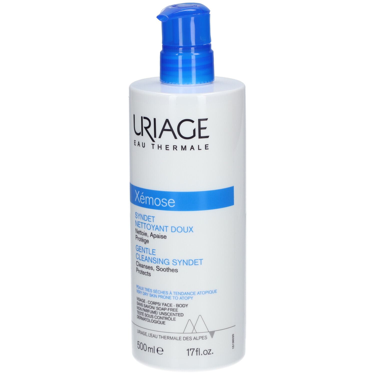 Flacone bianco con erogatore blu. Uriage, Xémose Syndet, 500ml. Vista frontale.