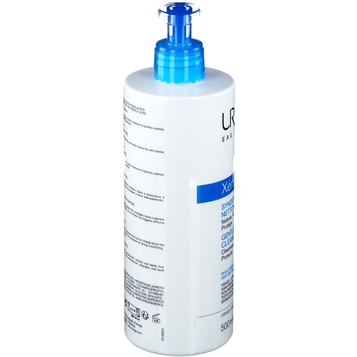 Retro del flacone. Testo multilingue. Uriage, Xémose Syndet, 500ml.