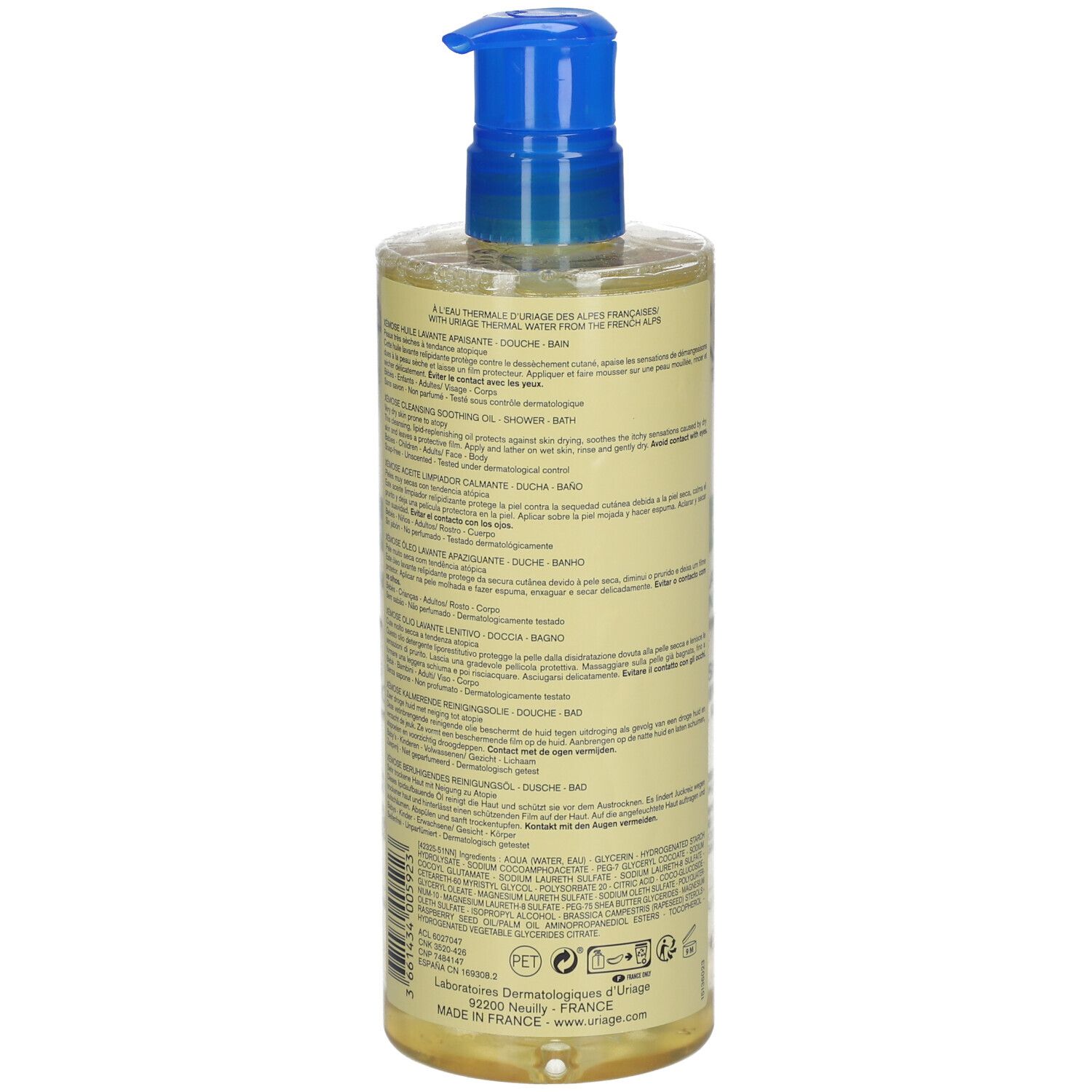 Retro del flacone di olio detergente Uriage Xémose. Testo multilingue.