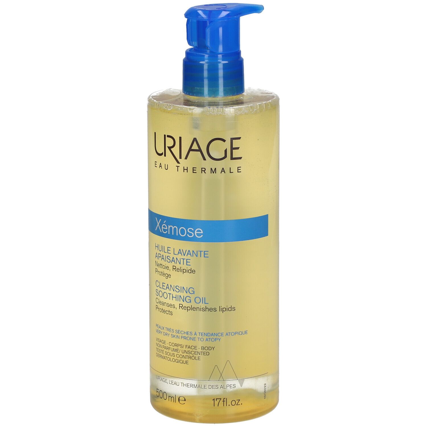 Flacone di olio detergente Uriage Xémose, tappo blu. Vista frontale.
