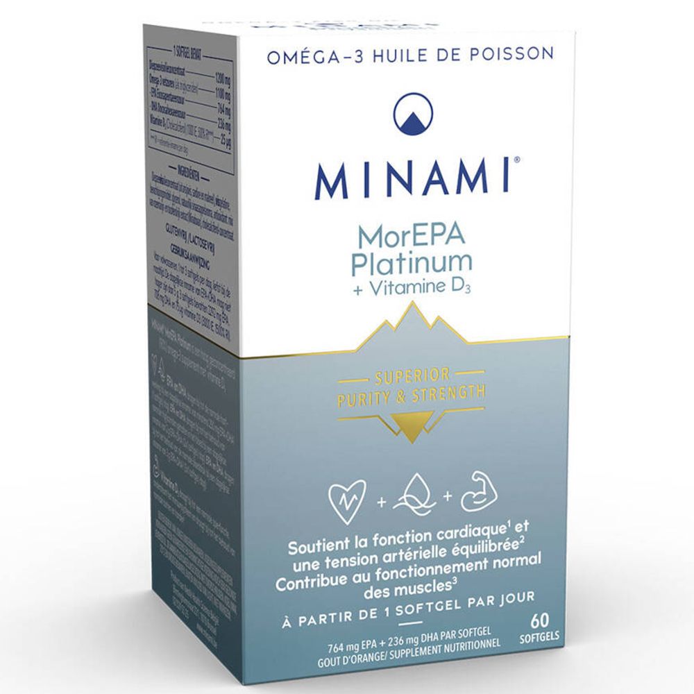 Scatola di Minami MorEPA Platinum + Vitamina D3. Contiene 60 softgel. Scritta: Oméga-3 Huile de Poisson.