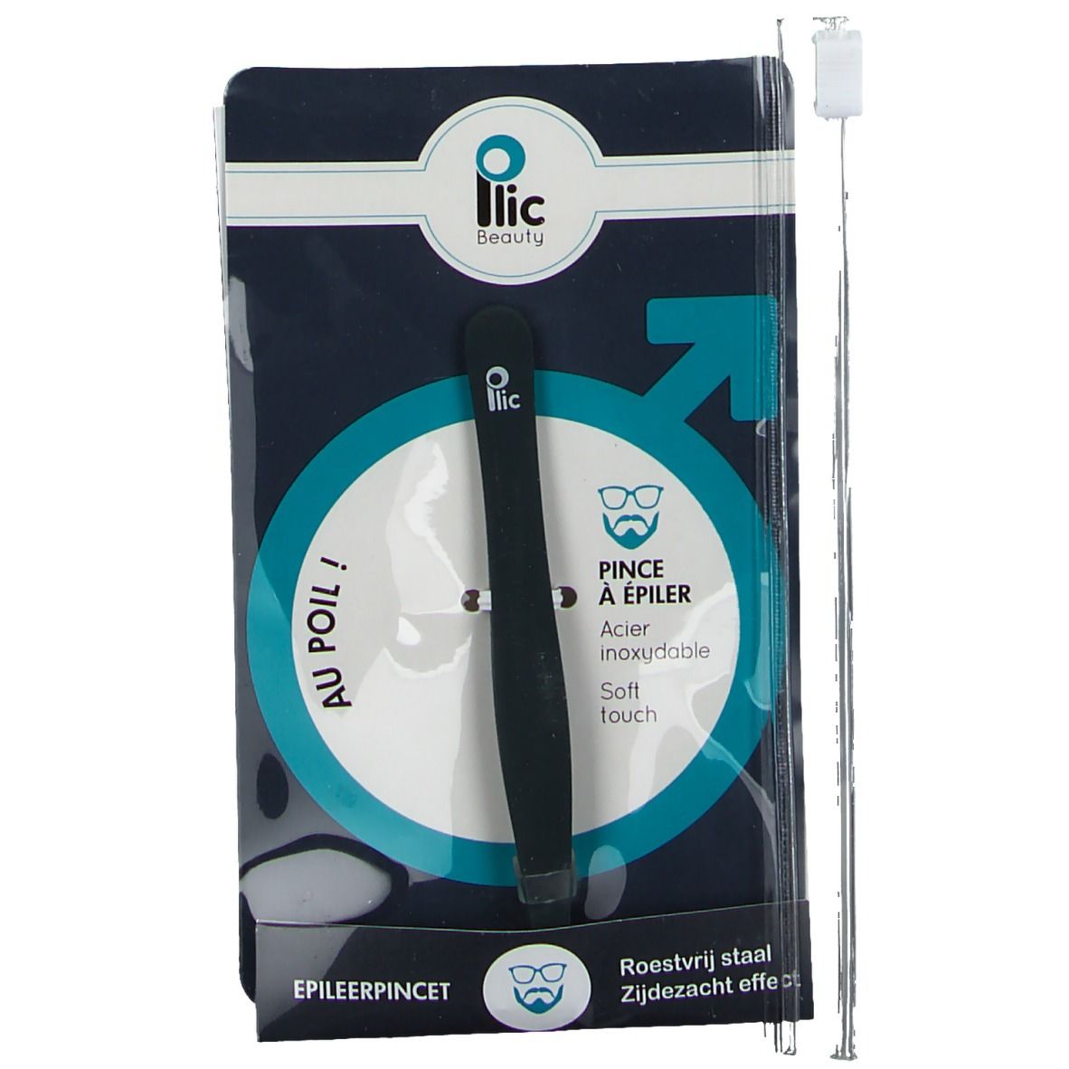 Pinzetta nera in confezione. Scritta: "Plic Beauty". Accanto alla pinzetta: asta metallica con attacco bianco.