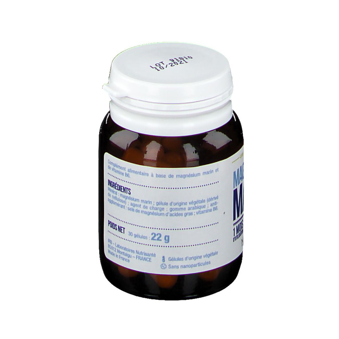 Flacone marrone, tappo bianco. Scritta: Ingredienti, peso netto 22g. Marca: Nutrisanté.