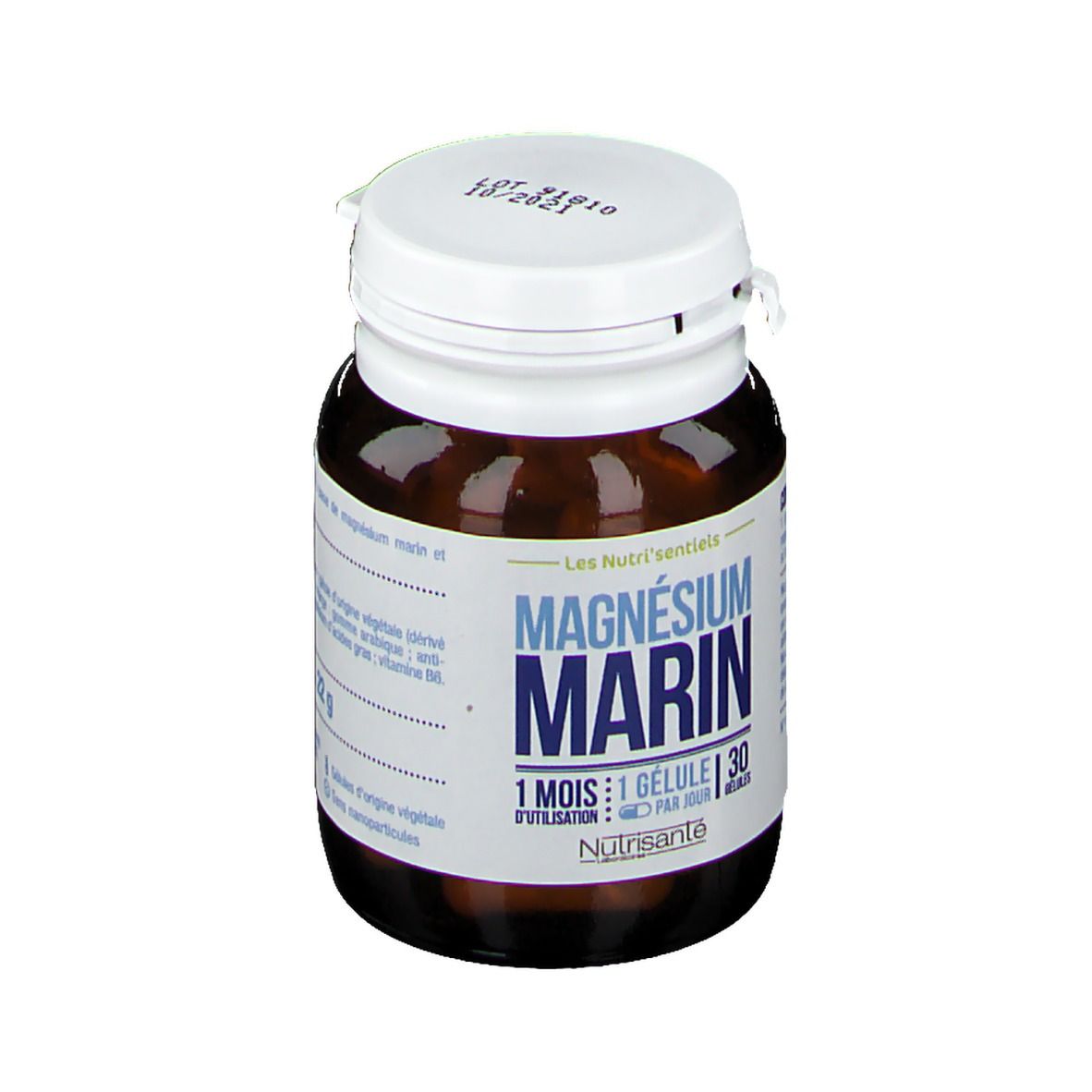 Flacone marrone, tappo bianco. Scritta: MAGNÉSIUM MARIN, 1 mese, 1 capsula al giorno. Marca: Nutrisanté.