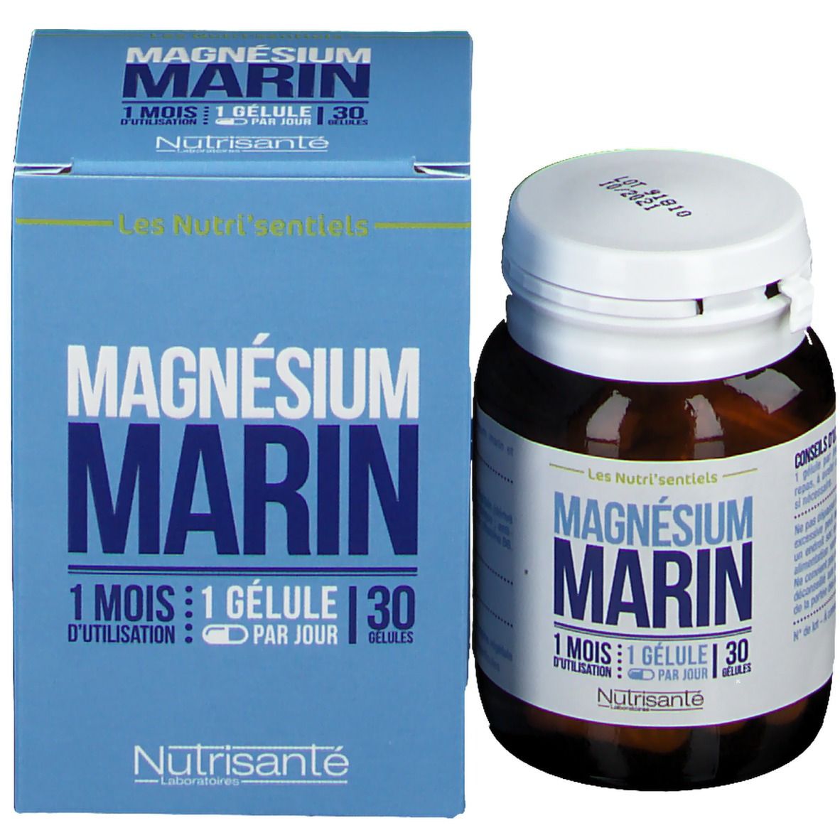 Confezione del prodotto con flacone. Scritta: MAGNÉSIUM MARIN, 1 mese, 1 capsula al giorno. Marca: Nutrisanté.