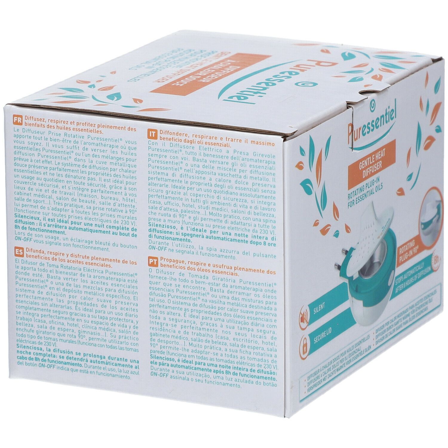 Retro della confezione del diffusore Puressentiel. Scatola bianca con testo multilingue. Illustrazione del diffusore.