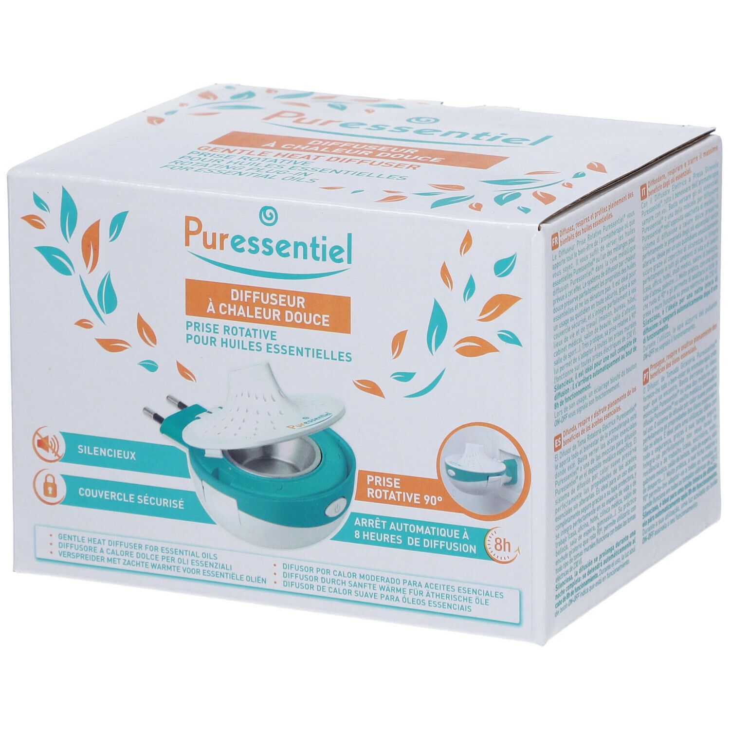 Confezione del diffusore Puressentiel. Scatola bianca con immagine e testo. Diffusore turchese e bianco con spina e coperchio aperto.