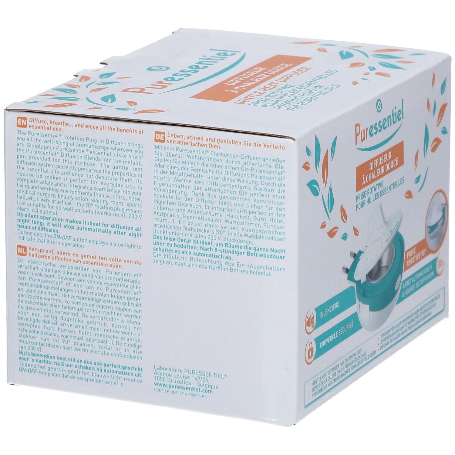 Retro della confezione del diffusore Puressentiel. Scatola bianca con testo multilingue. Illustrazione del diffusore.